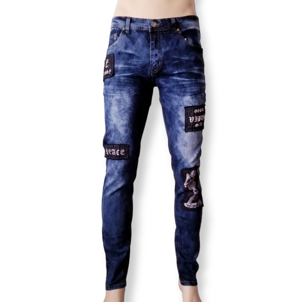 Black Keys Blue Acid Wash Skull Patchwork Slim Fit Jeans Size 34 x 32